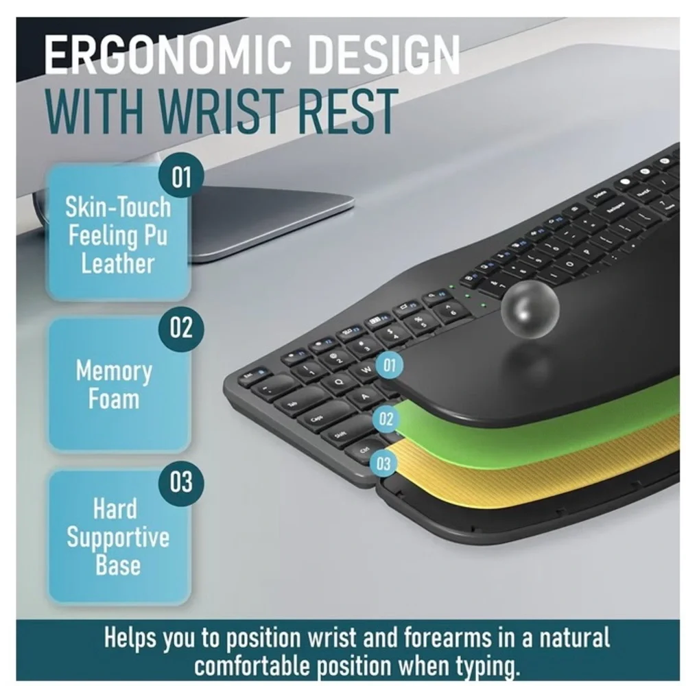 ROCK&ROWN Ergonomic Keyboard with Cushioned Wrist and Palm Rest,Bluetooth. Black